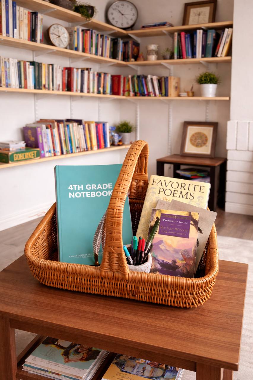 Fourth grade homeschool basket with classic books, notebook, and pencils