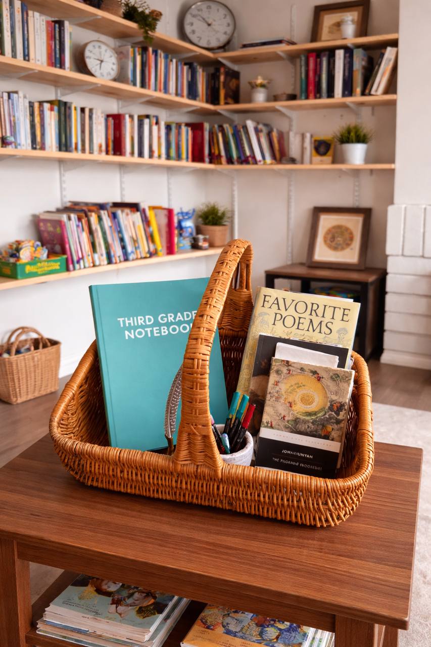 Third grade homeschool basket with notebook, poetry book, and Pilgrim's Progress