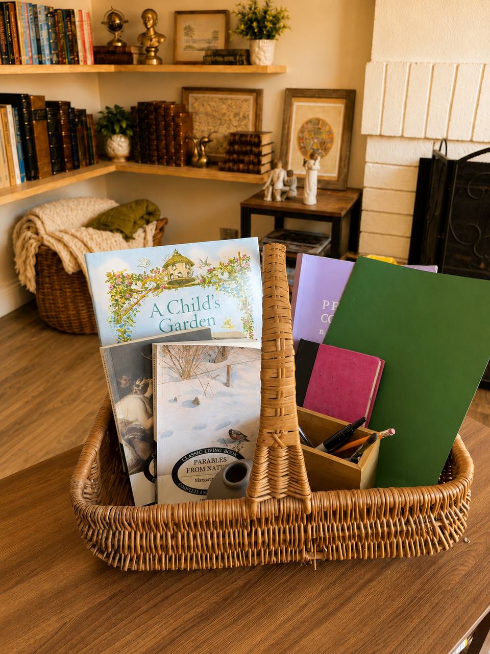 Grade 2 English basket with Parables from Nature, A Child's Garden of Verses, notebook, and school materials
