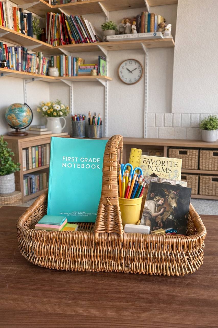 First grade homeschool basket with notebook, living books, and poetry materials
