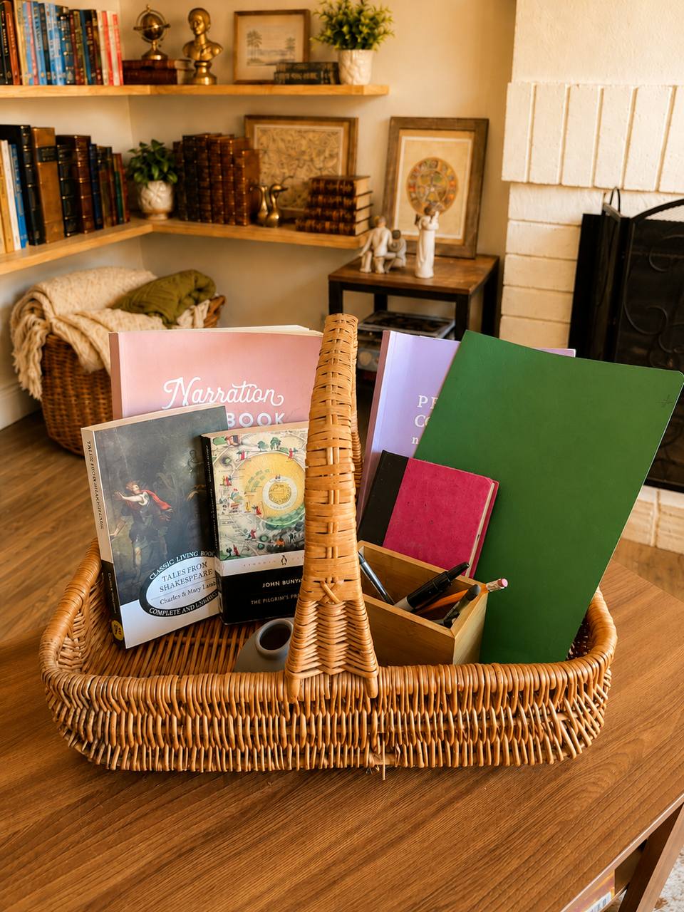 Grade 3 English basket with Tales from Shakespeare, Christiana's story from The Pilgrim's Progress, narration notebook, and school materials