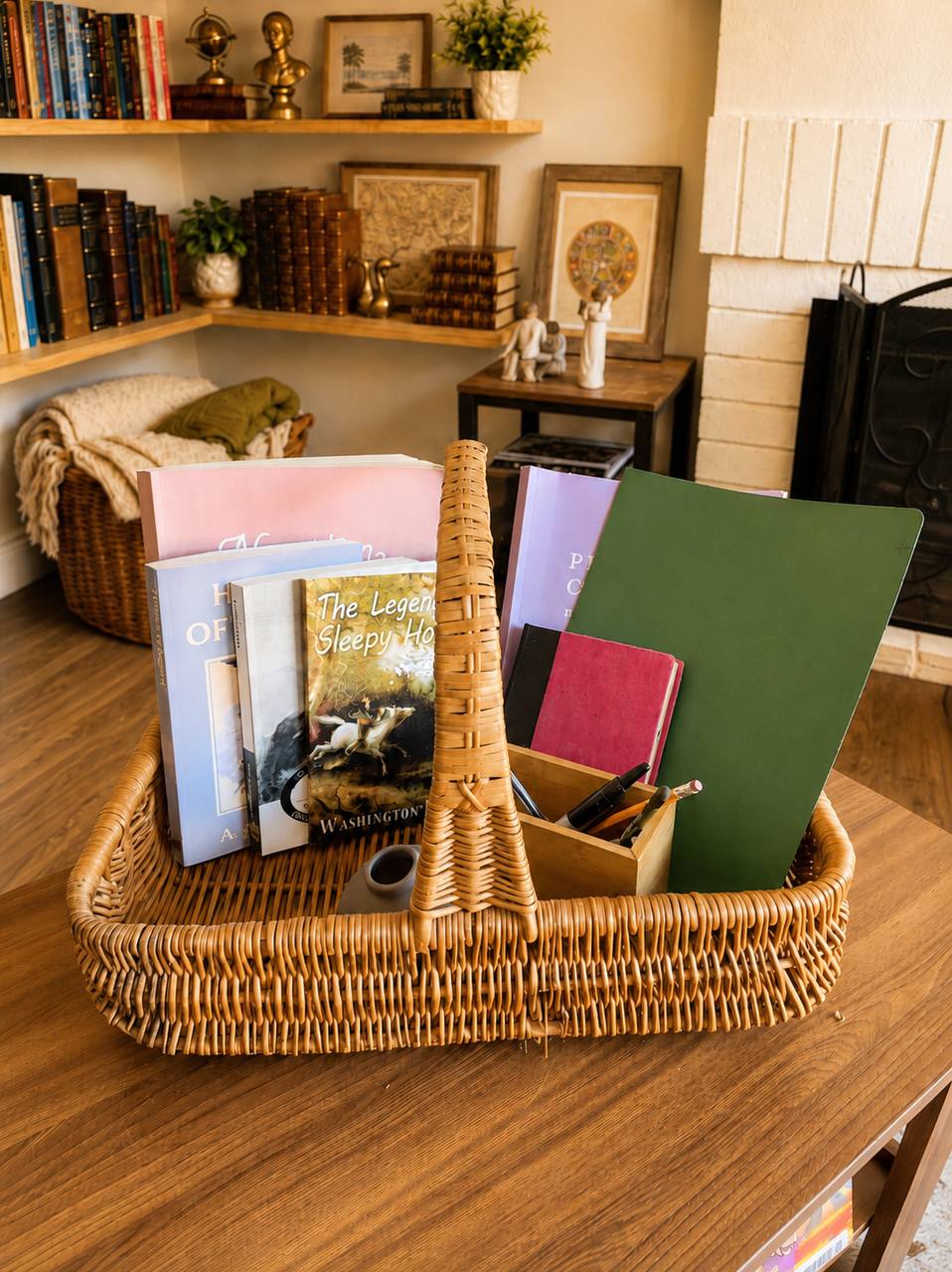 Grade 4 English basket with The Heroes of Asgard, The Legend of Sleepy Hollow, Kidnapped, notebook, and school materials