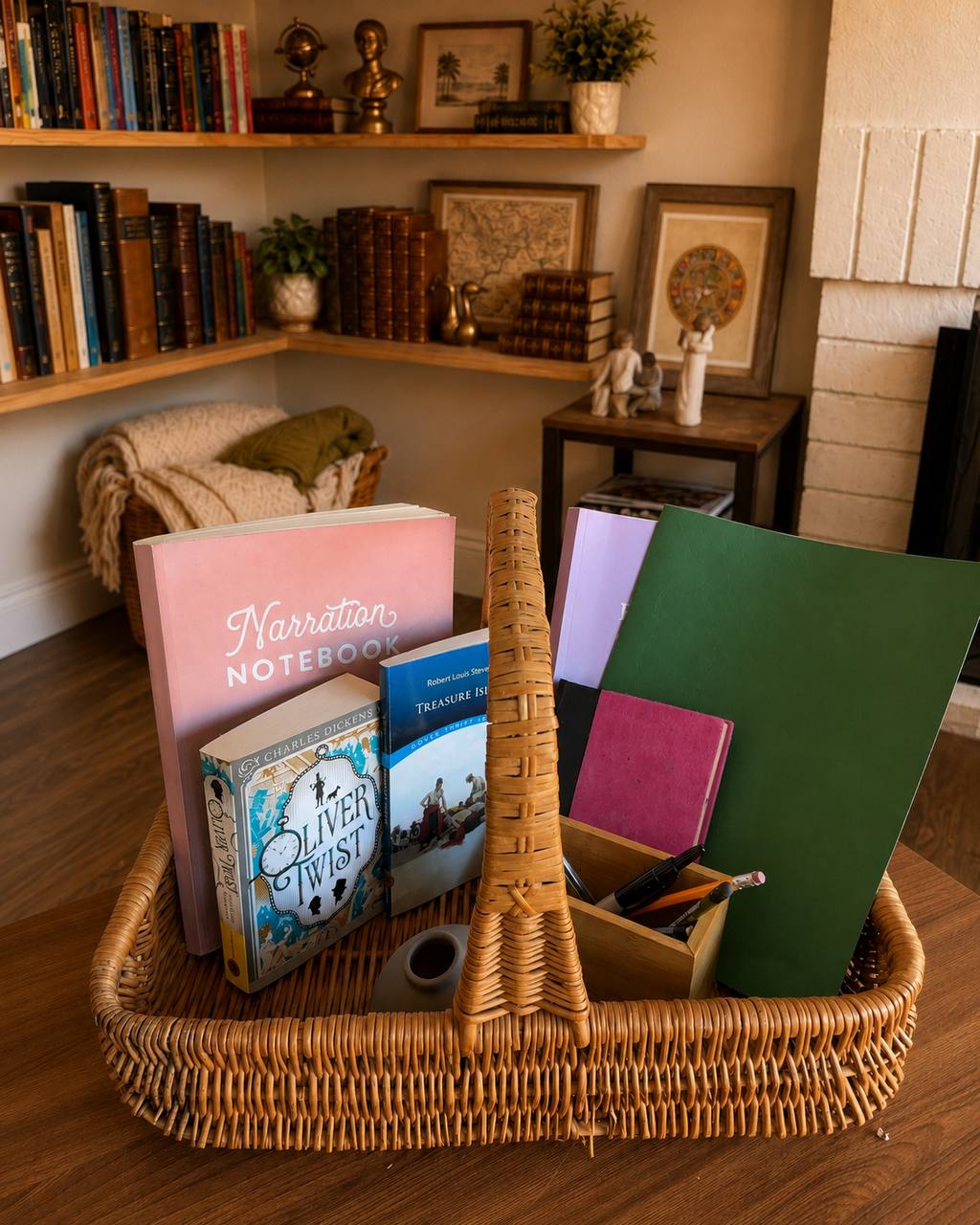 Grade 5 English basket with Oliver Twist, Treasure Island, narration notebook, and school materials