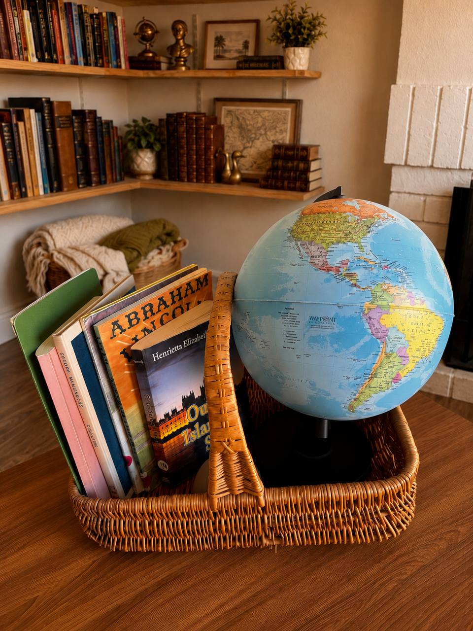 Grade 1 British and American history basket with living books, narration notebook, and globe