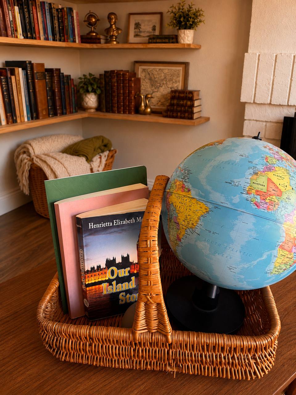 Grade 1 British history basket with Our Island Story, narration notebook, and globe