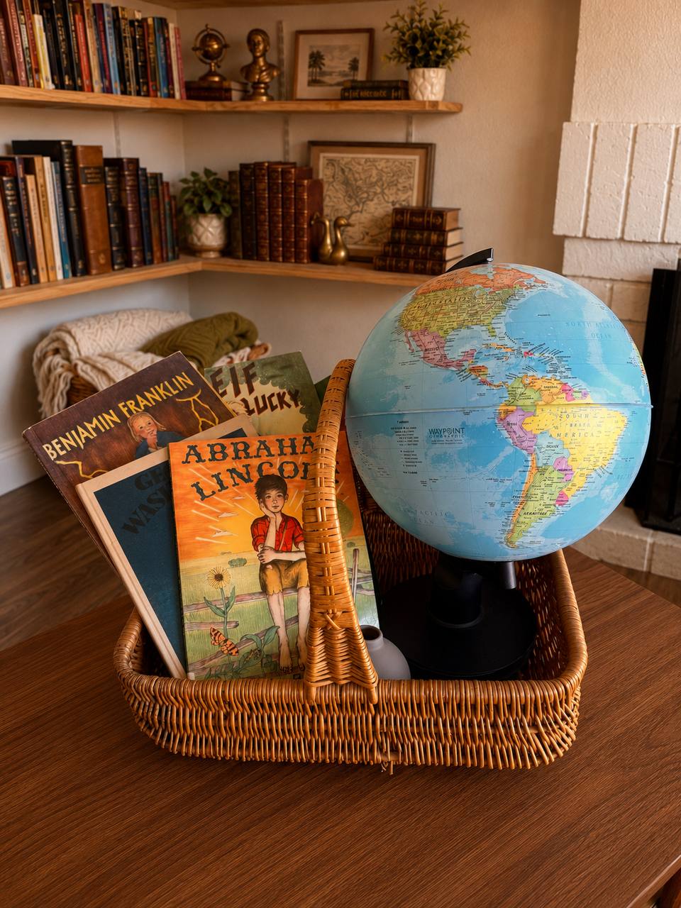 Grade 2 American history basket with living books, narration notebook, and globe