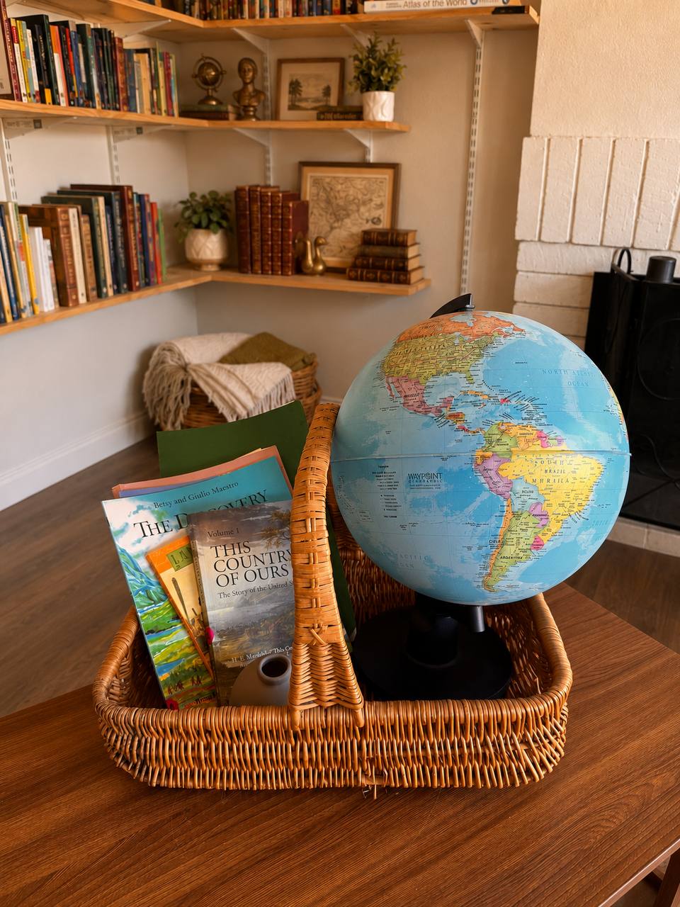 Grade 3 American history basket with living books, narration notebook, and globe