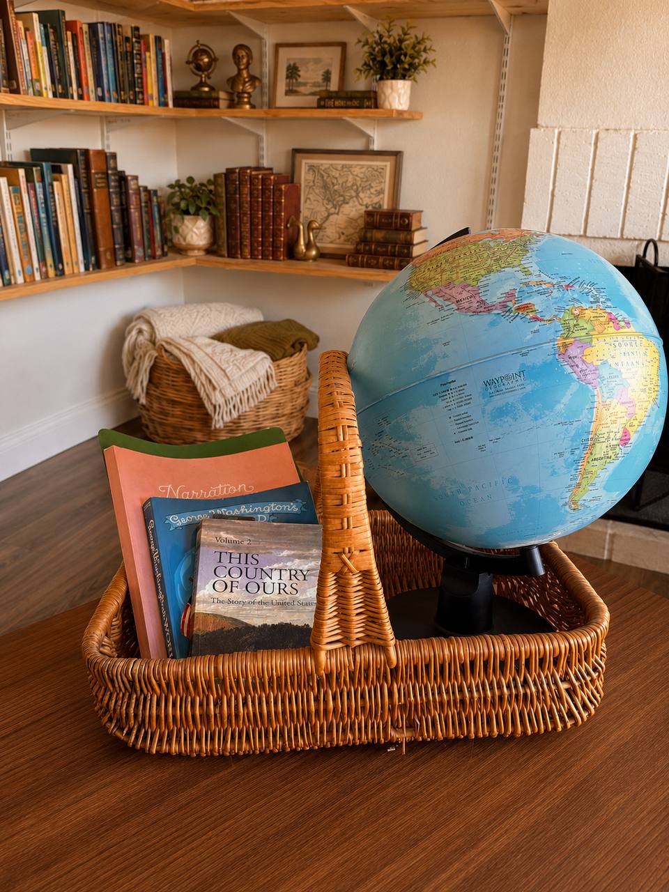 Grade 4 American history basket with living books, narration notebook, and globe