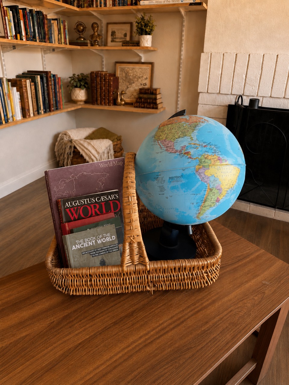 Grade 6 ancient history basket with living books and a globe