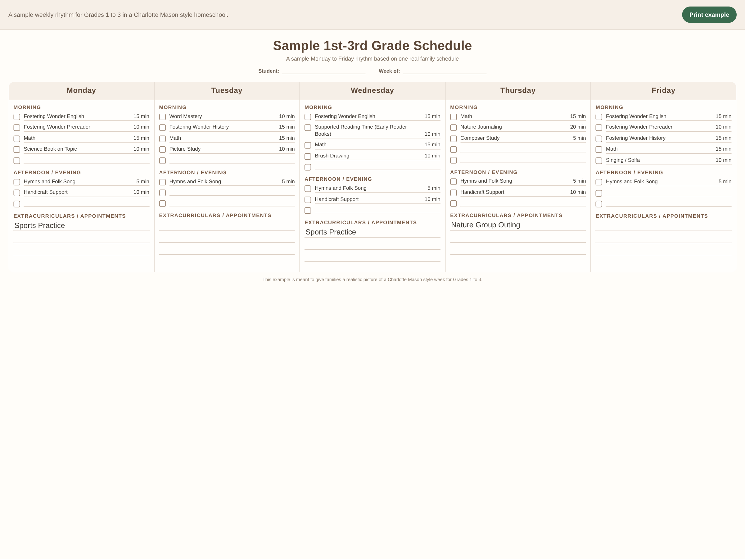 Preview of a Fostering Wonder sample weekly schedule