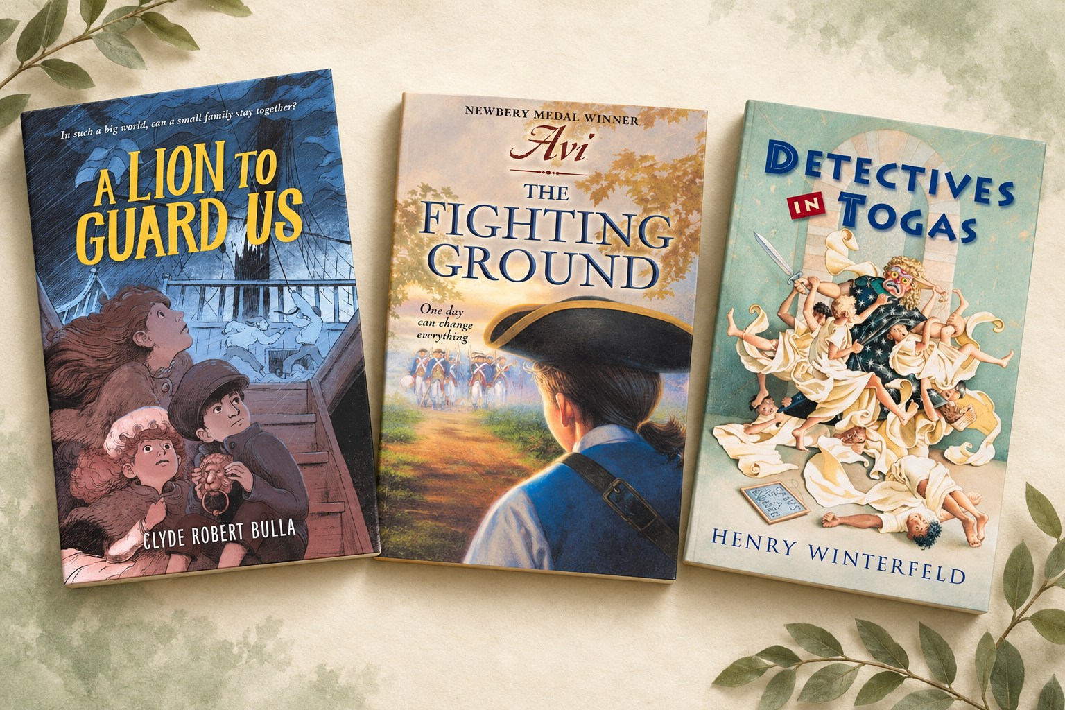 A Lion to Guard Us by Clyde Robert Bulla, The Fighting Ground by Avi, and Detectives in Togas by Henry Winterfeld, arranged on a cream and sage background.