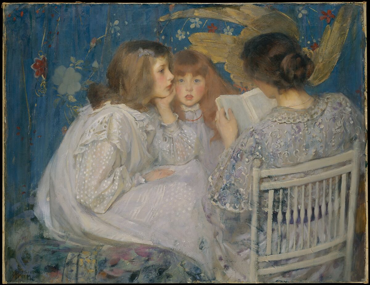 A mother reading a book to two children in Jungle Tales by James Jebusa Shannon.