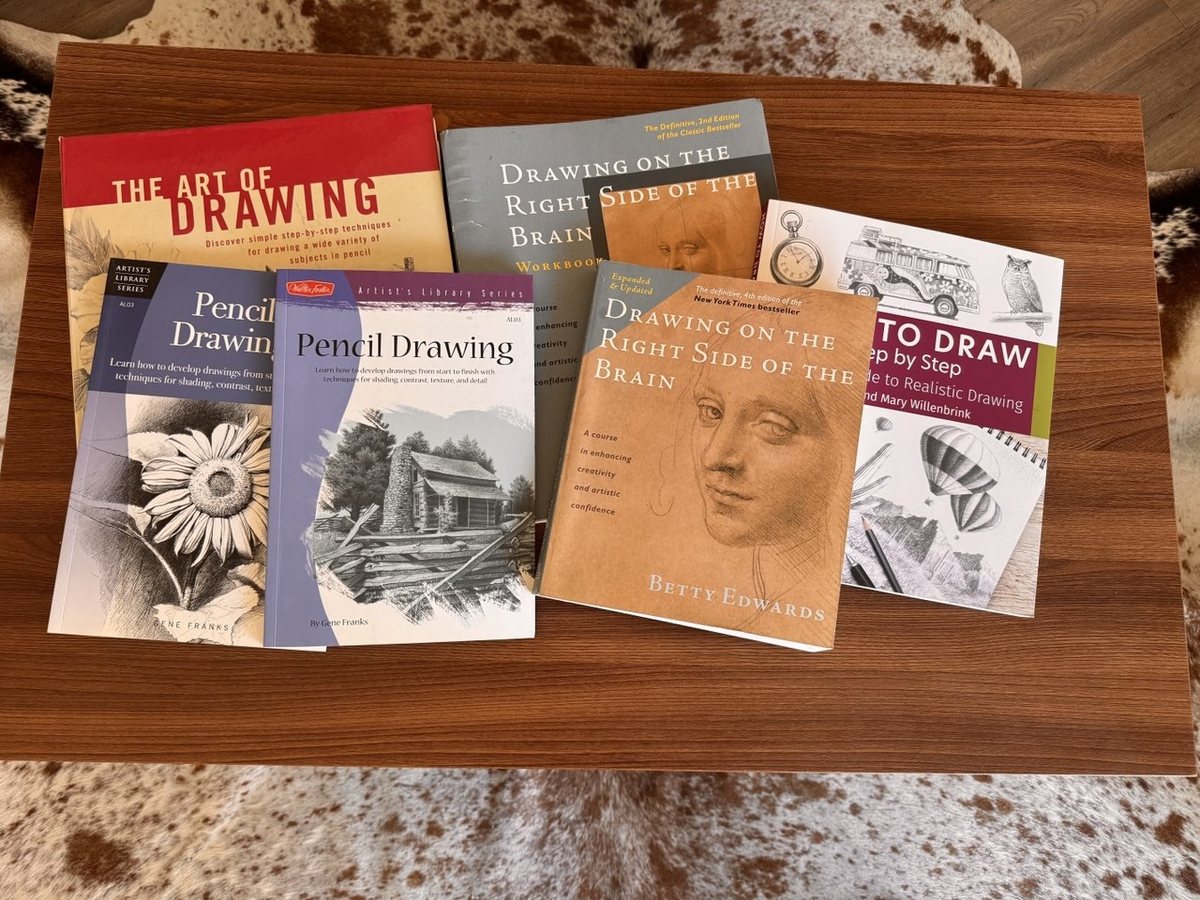 A collection of drawing and art lesson books arranged on a wooden table
