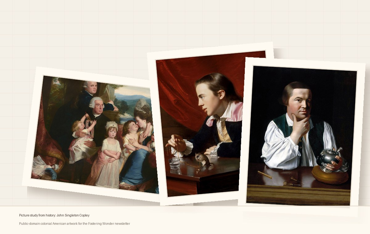 Three public-domain colonial American paintings by John Singleton Copley arranged in a stacked picture-study style