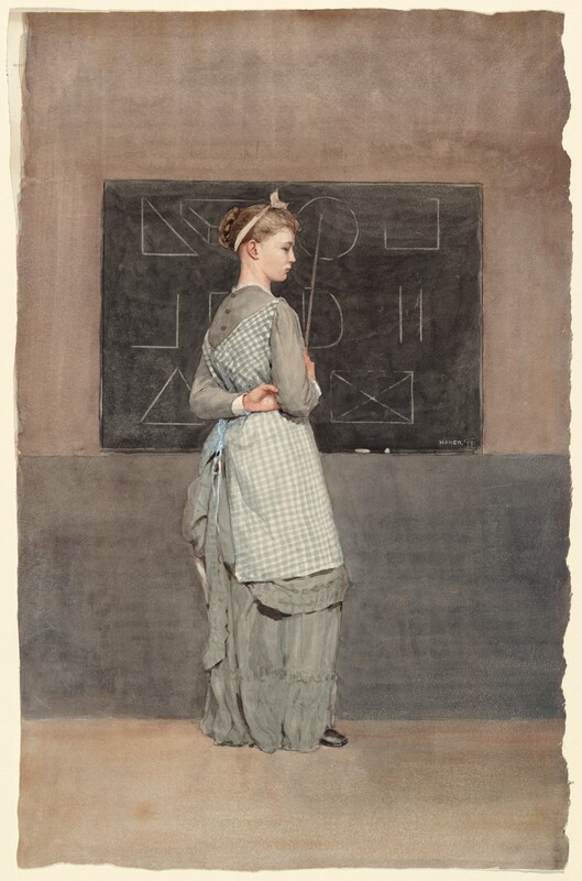 A woman pointing to geometric shapes on a blackboard, in Winslow Homer's 1877 watercolor.