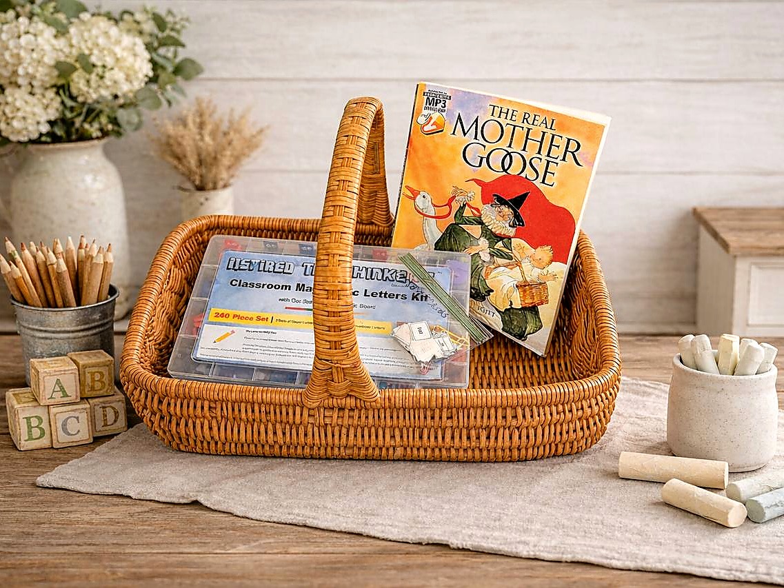 A kindergarten pre-reader basket with nursery rhyme book, letter cards, and hands-on reading materials
