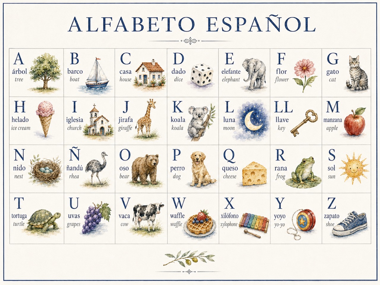 Illustrated Alfabeto Espanol chart with Spanish vocabulary and English translations