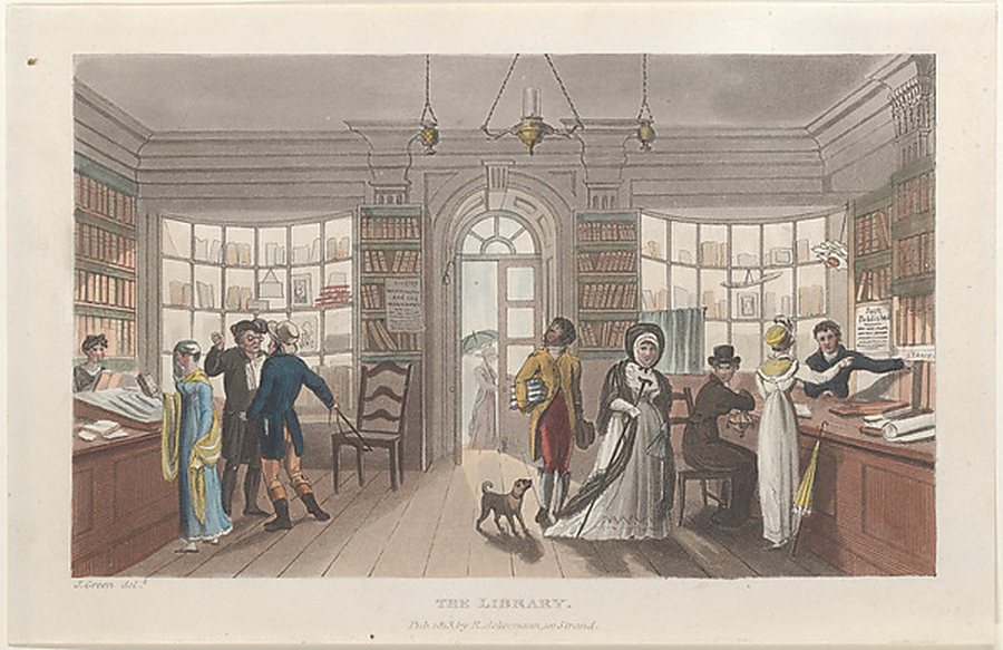 Public-domain artwork of a warm library scene