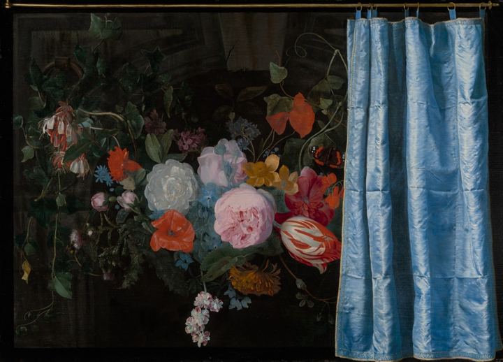 Public-domain still life artwork with flowers and fruit