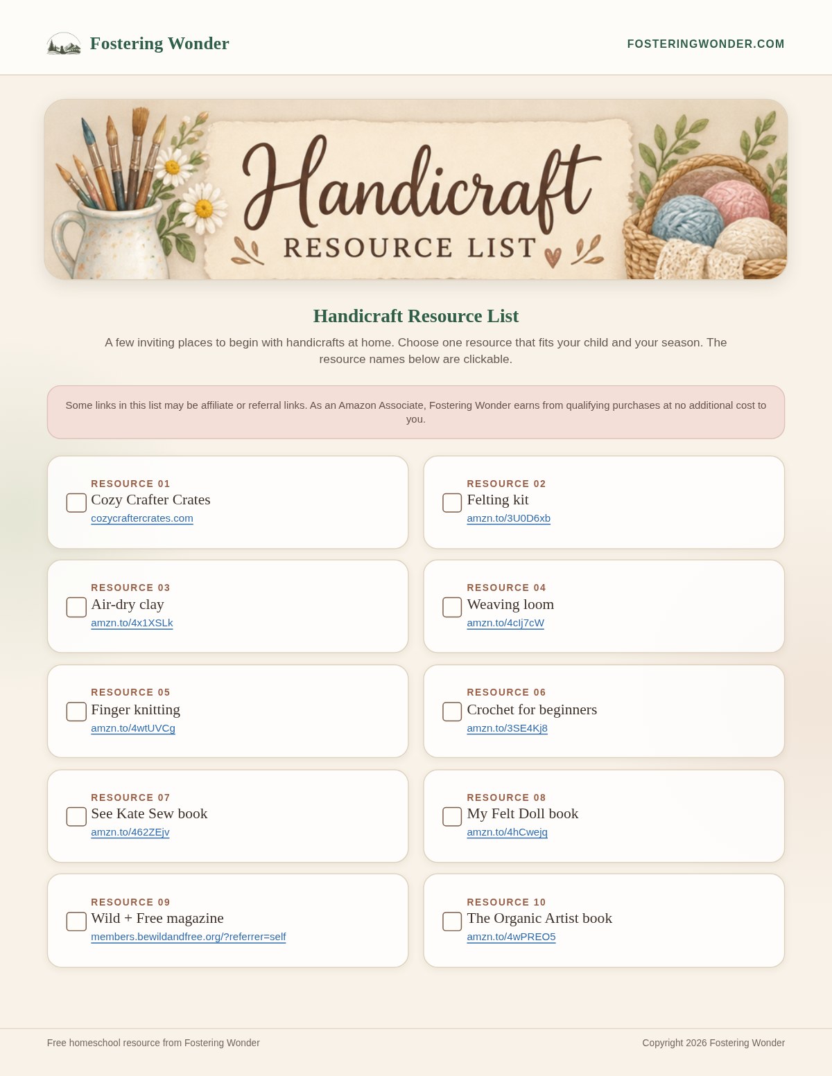 Preview of the illustrated Fostering Wonder Handicraft Resource List
