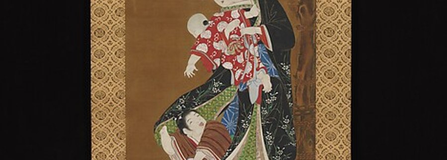 Public-domain Japanese print of a mother with children at home
