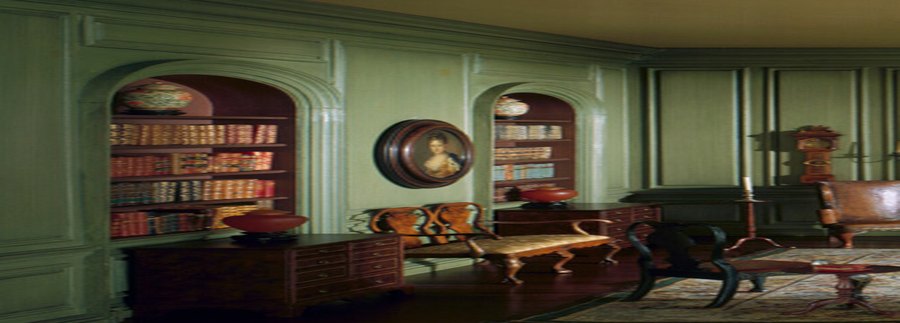 Public-domain artwork of a library with bookshelves