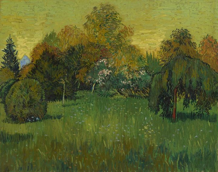 Public-domain garden artwork with trees and flowers