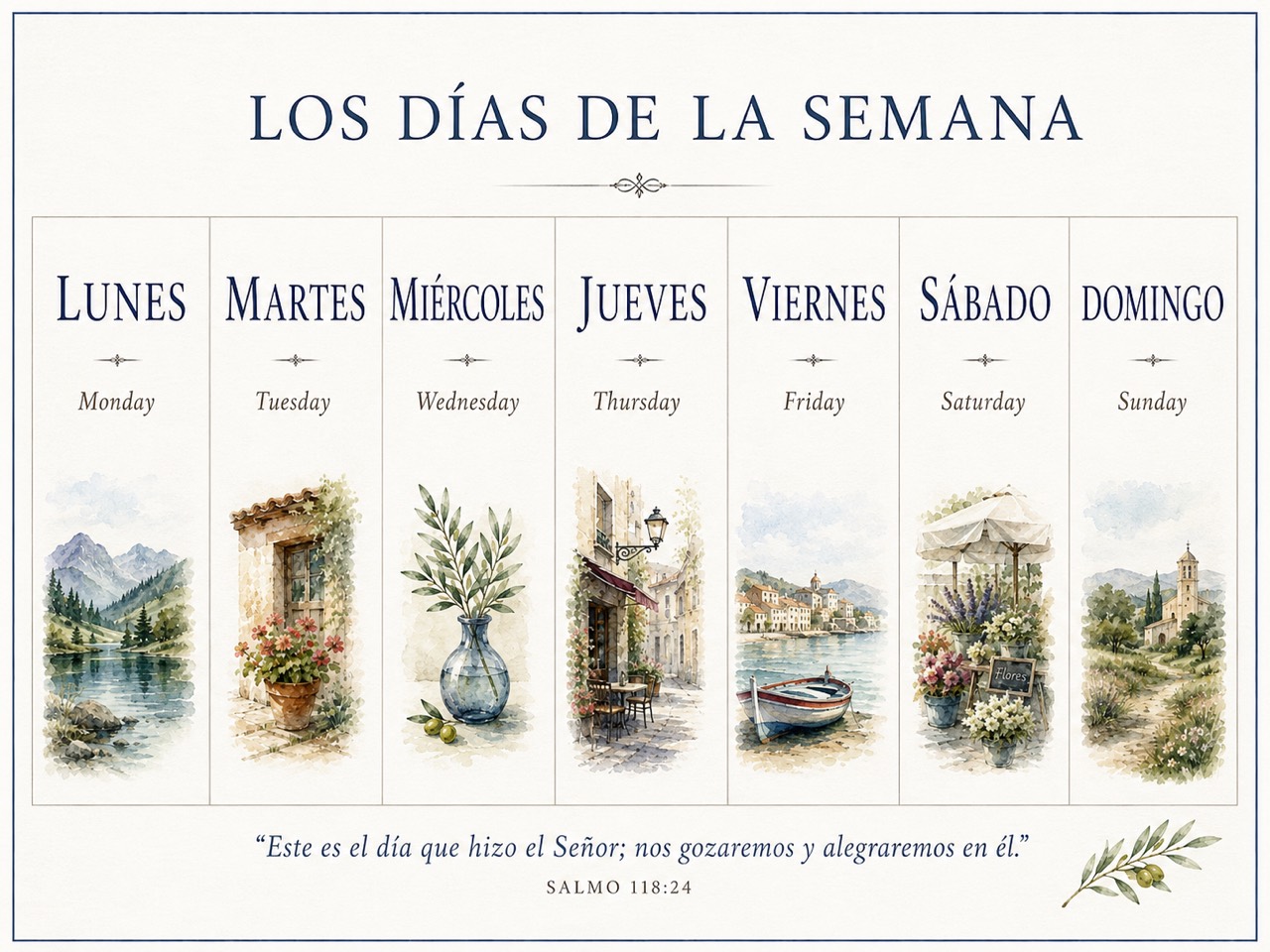 Illustrated Los Dias de la Semana chart with Spanish day names and English translations