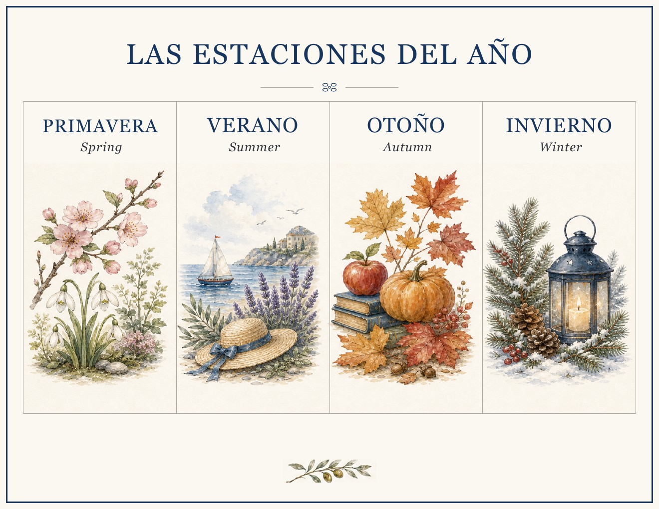 Illustrated Las Estaciones del Año chart with Spanish season names and English translations