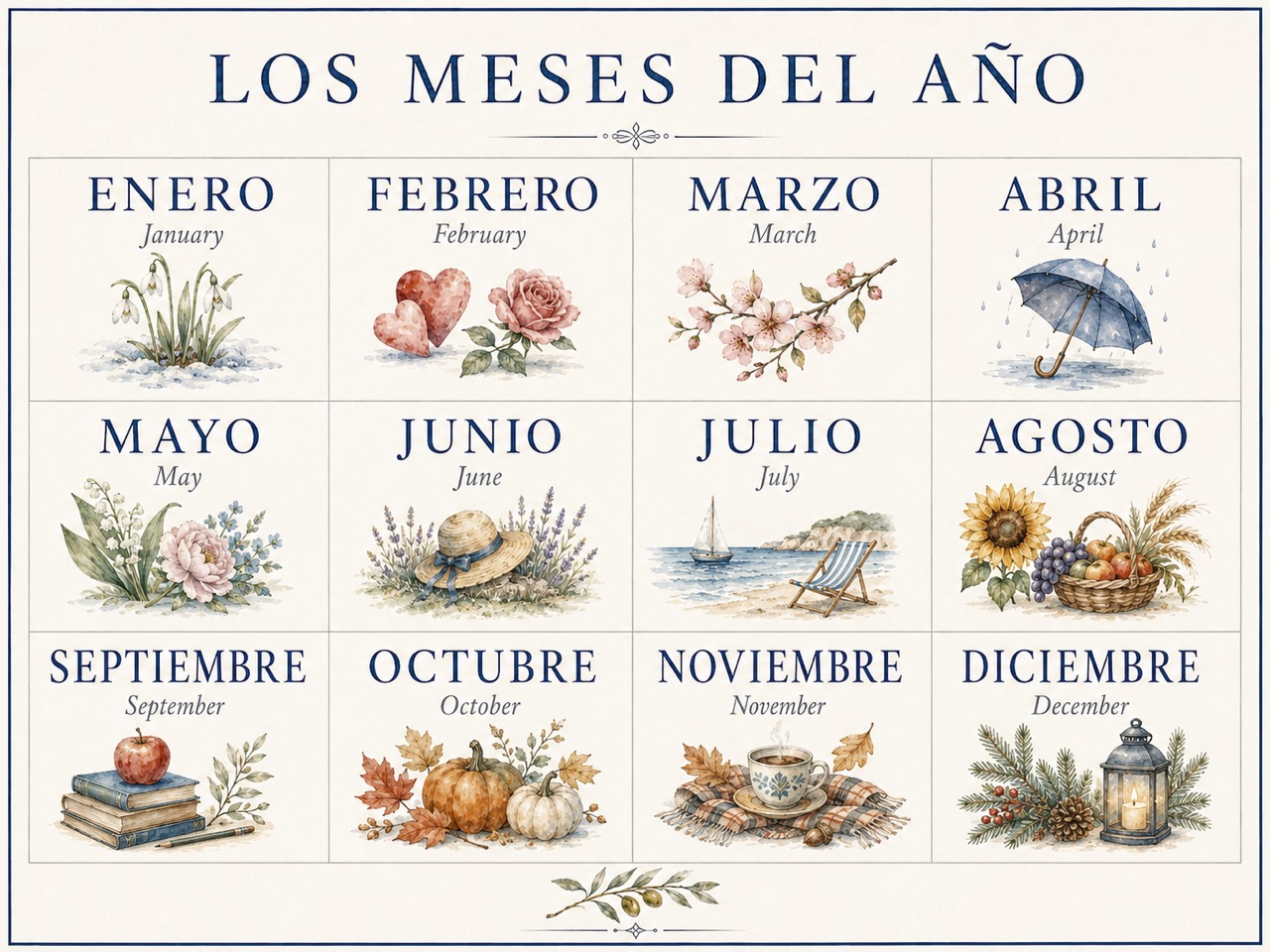 Illustrated Los Meses del Ano chart with Spanish month names and English translations